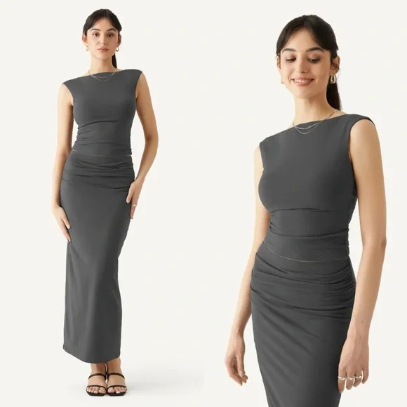 OGL 2pc Set Open Back Brami Tank and Ruched Mermaid Maxi Skirt In Dark Grey M